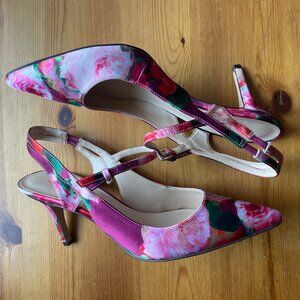 Nine West Pink Floral Print Satin Pointy Toe Slingback Heels 8.5US